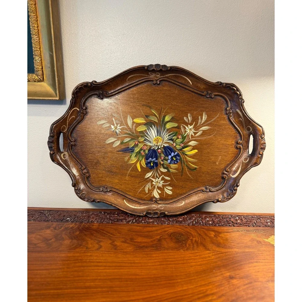 Vintage Ernst Huber Berchtesgaden Germany Hand Painted Carved Wood Tray Floral